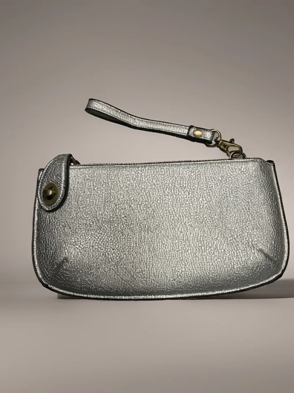 Joy Susan Silver Metallic Wristlet Clutch with Gold Hardware